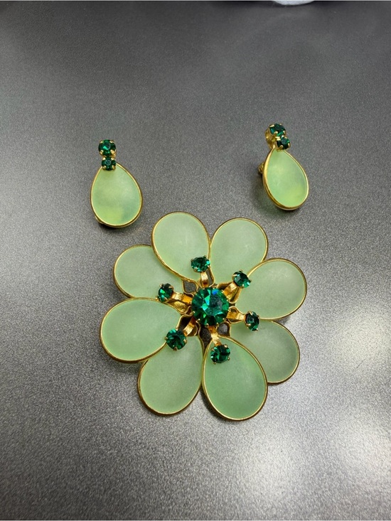 West Germany Jewelry - Vintage Satin Glass Brooch Clip-On Earrings West Germany #86set